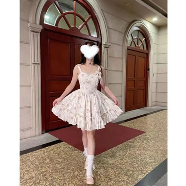 Bow Corduroy Long Sleeve Top + Camisole Floral Dress Set