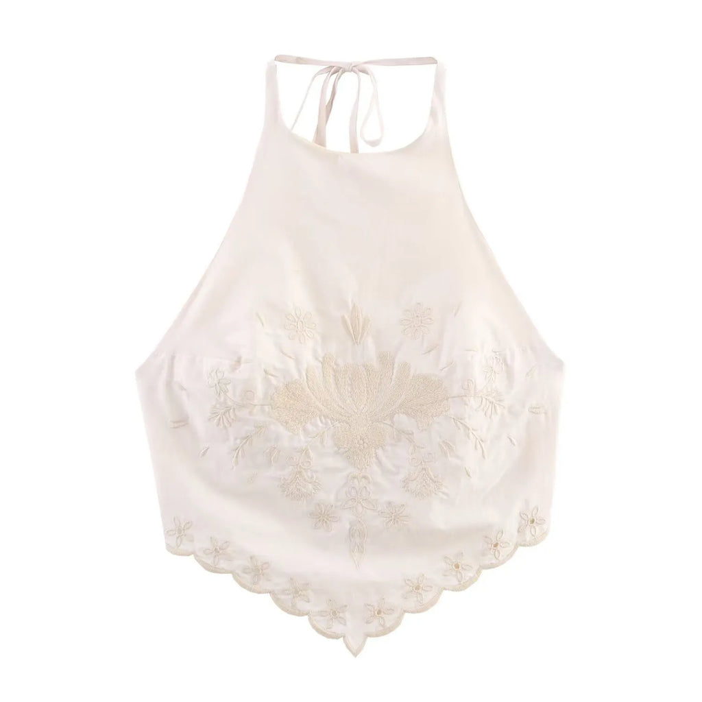 Backless Embroidery Strapless Sleeveless Poplin Top + Elastic Waist Pants