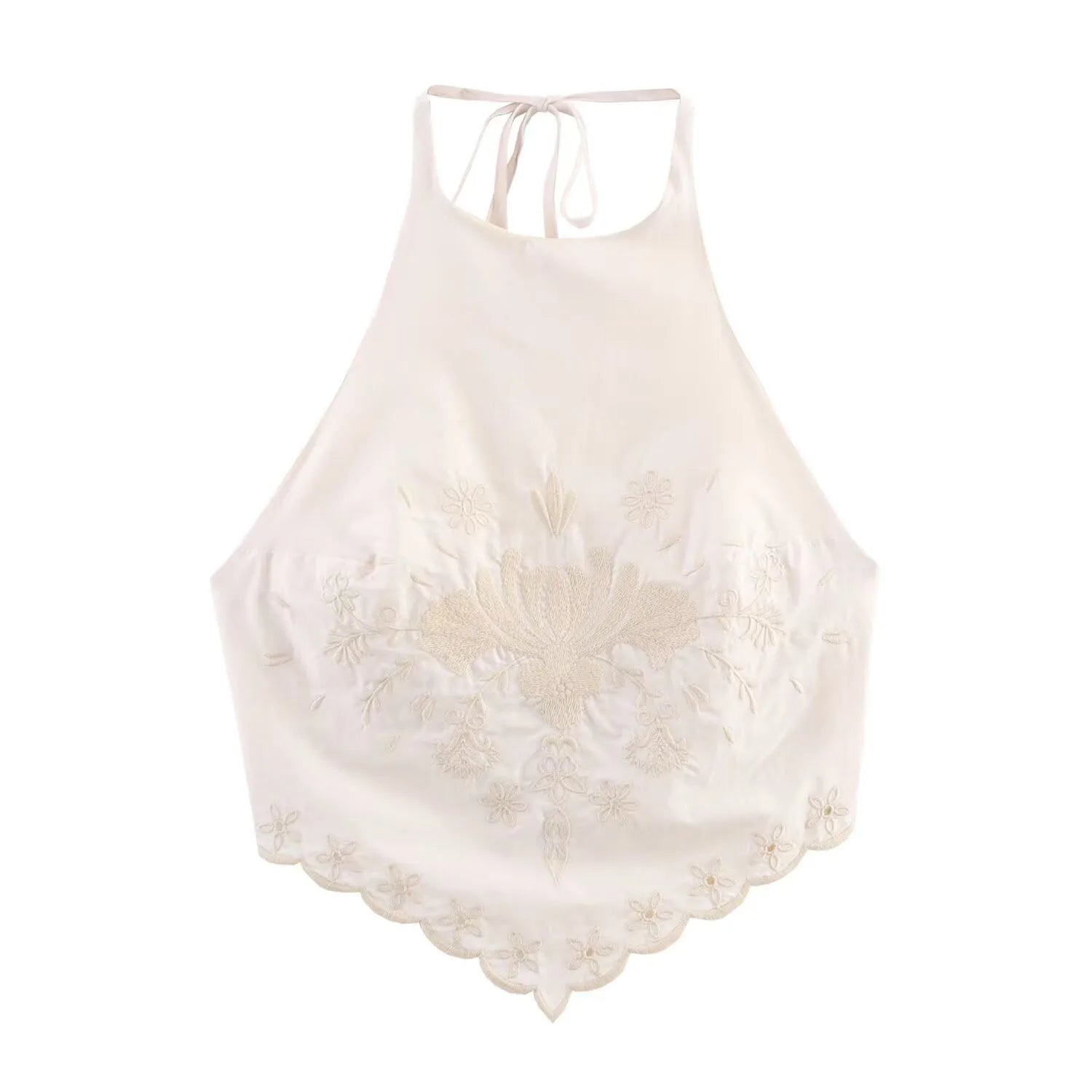Backless Embroidery Strapless Sleeveless Poplin Top + Elastic Waist Pants