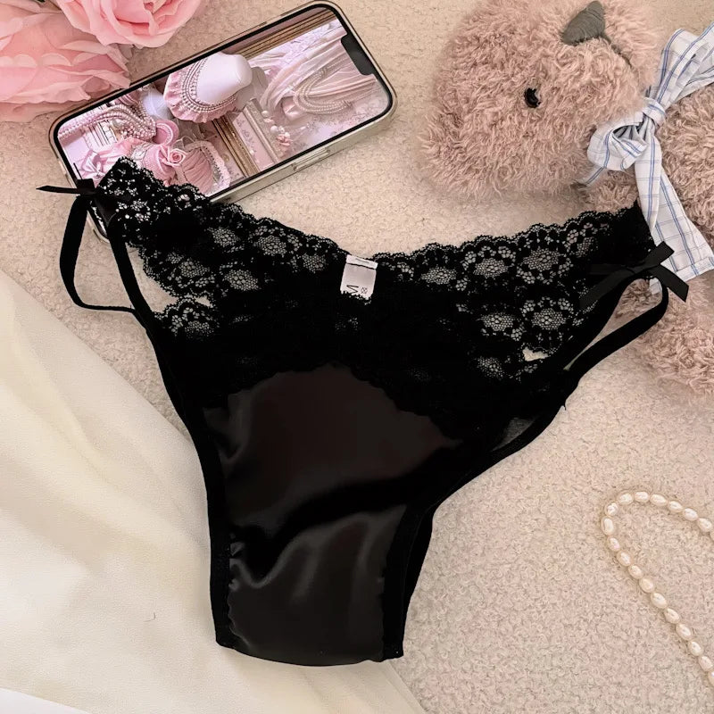 SP&CITY Cross Belt Lace Transparent Sexy Women's Underpants Low Waist Mesh Hollowed Bow Panties Cotton Crotch Breathable Briefs