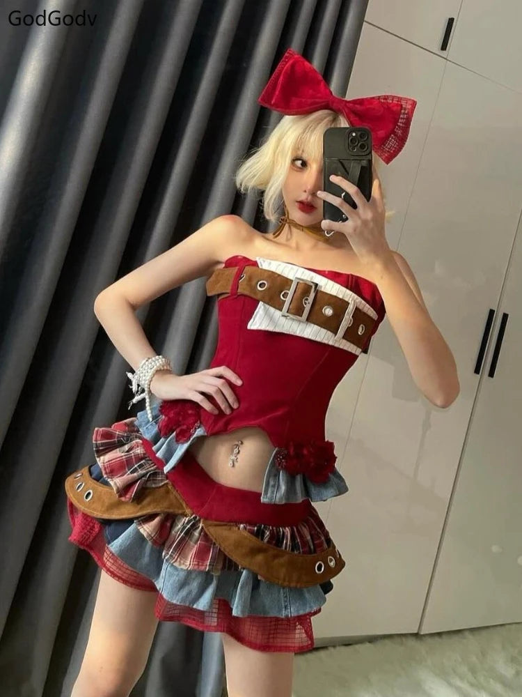Preppy Style Vintage Red Denim Bustier Tops + Sweet Spicy Pure Design Mini Cake Skirt Set
