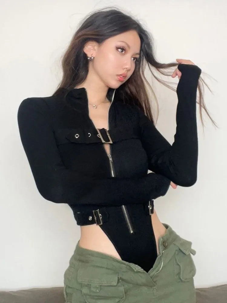Metal Button Zipper Bodysuit