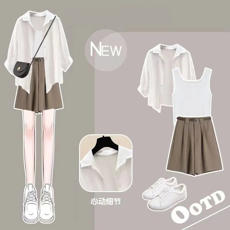 Sheer Button-Down Shirt, Ribbed Knit Tank Top, and Pleated Shorts Set