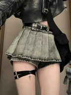 High-Waisted Acid Wash Pleated Denim Skort