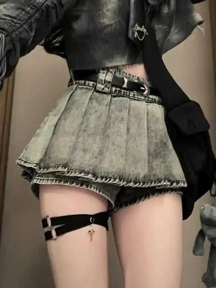 High-Waisted Acid Wash Pleated Denim Skort