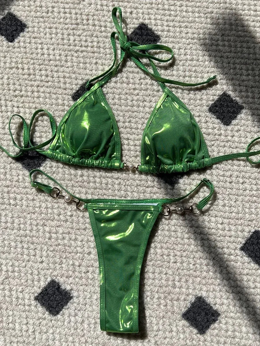 PU Leather Pearls Bikini