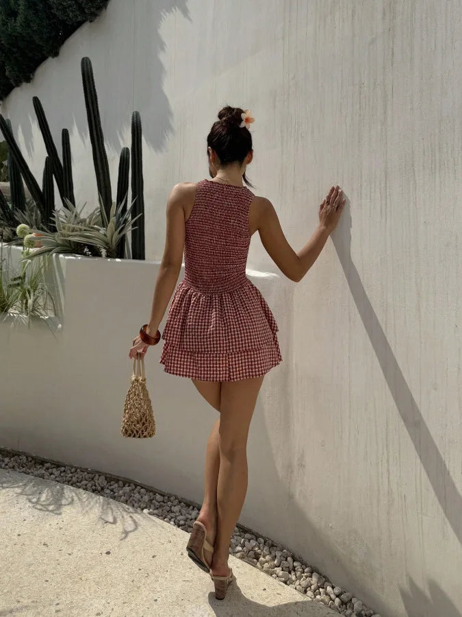 Basic Collar Plaid Sleeveless Puffy Dress
