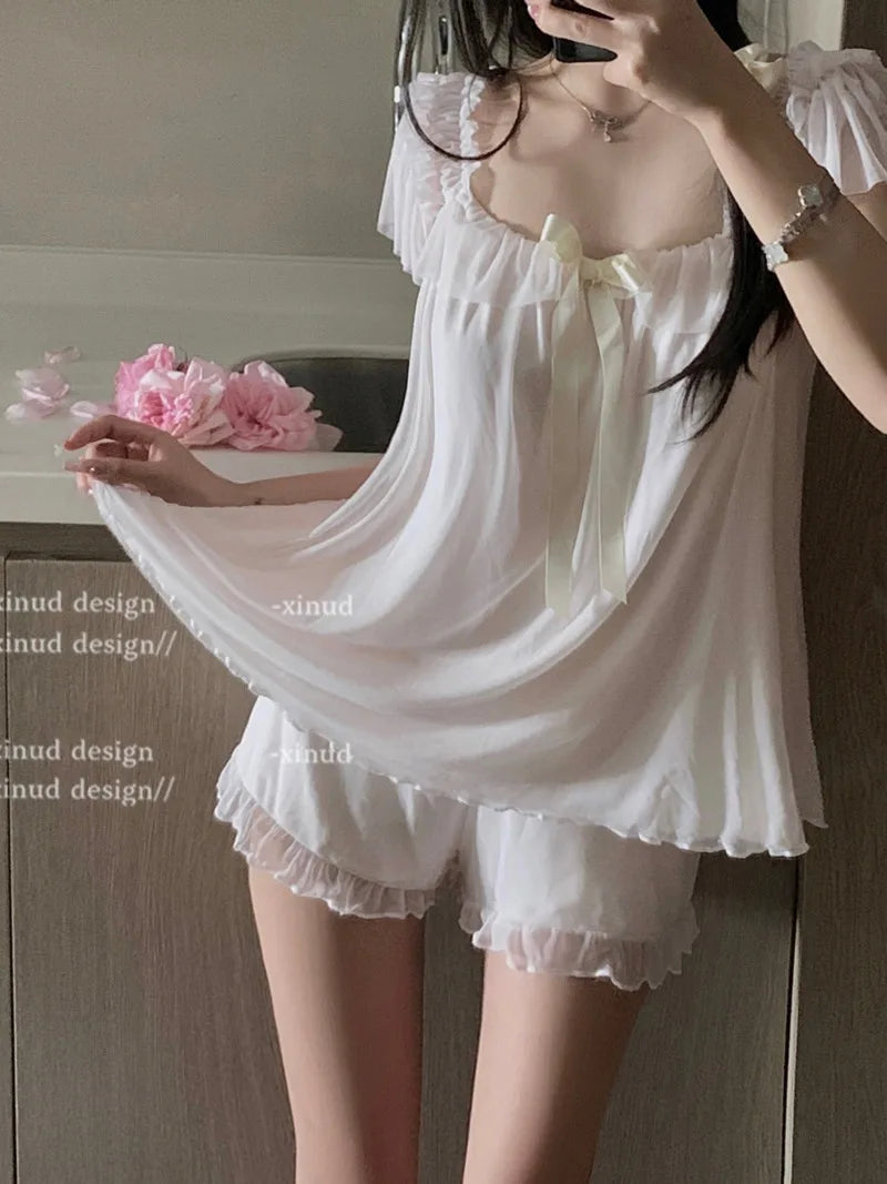French Sweet Bow Strap Neck Crop Top Set