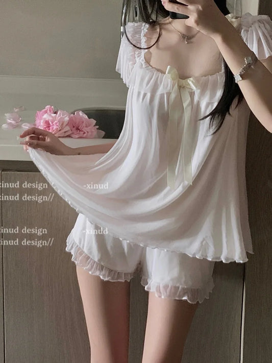 French Sweet Bow Strap Neck Crop Top Set