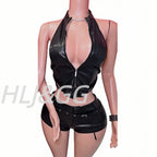 Halter Zipper Sleeveless Slim Top And Shorts Set