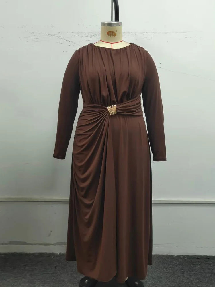 GIBSIE  Pleated O-Neck Long Sleeve Maxi Dress