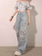 Ripped Lace Rhinestone Jeans