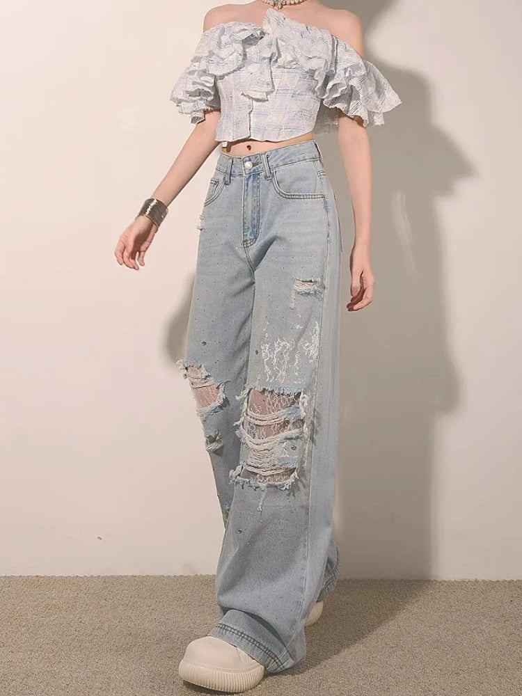 Ripped Lace Rhinestone Jeans