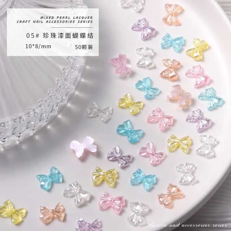50PCS Aurora Acrylic 3D Nail Art Bow Charm For Nails Decoration Design Kawaii Manicure Accessories Bow-knot DIY Craft Supplies