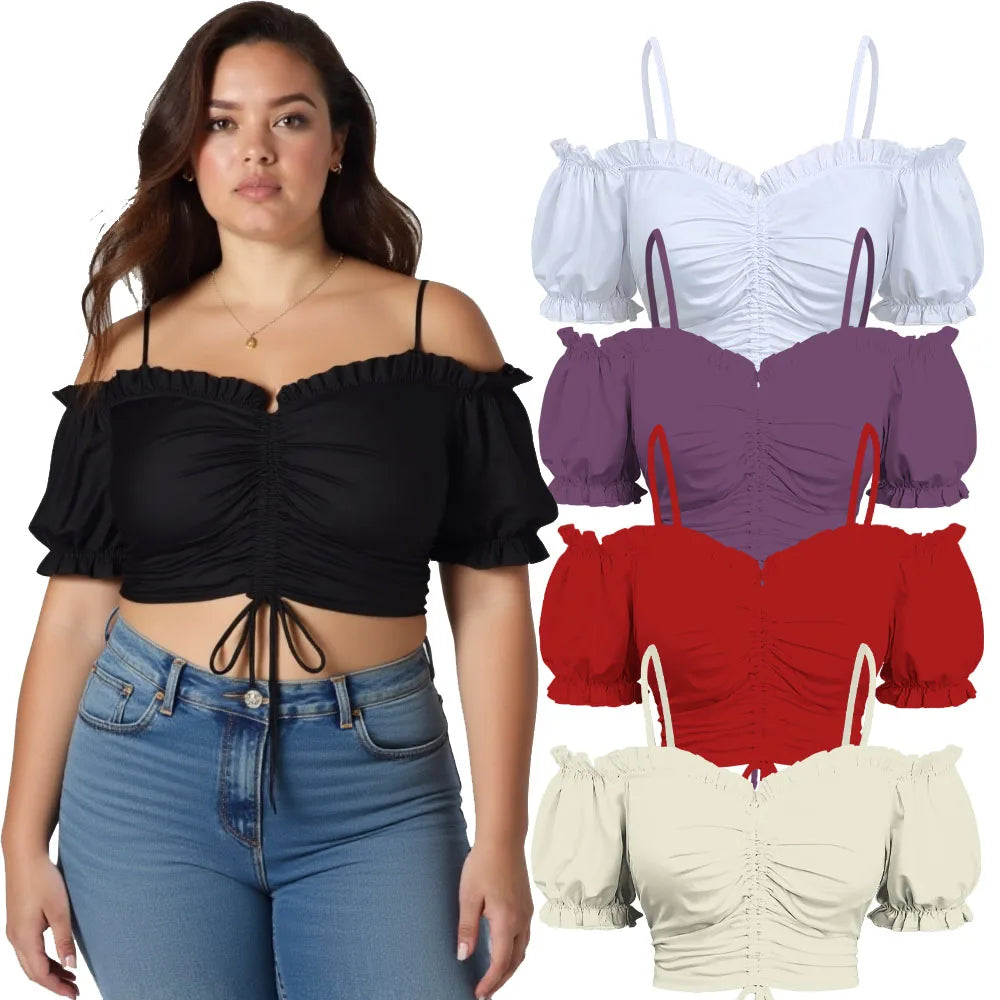 Cold Shoulder Puff Sleeves Cinched Ruffles Cropped Tops Solid  Women Summer Casual Cami Top XS-3X
