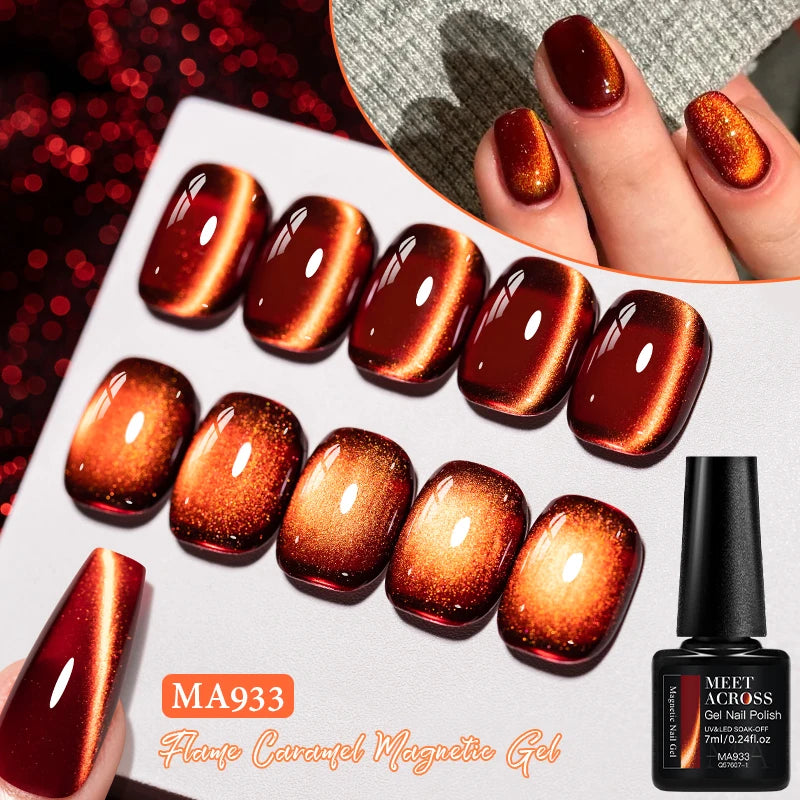MEET ACROSS 7ml Dark Red Cat Magnetic Gel Nail Polish for Winter Nails DIY Jelly Glass Holographic Cat Eye Gel UV Gel Nail Art