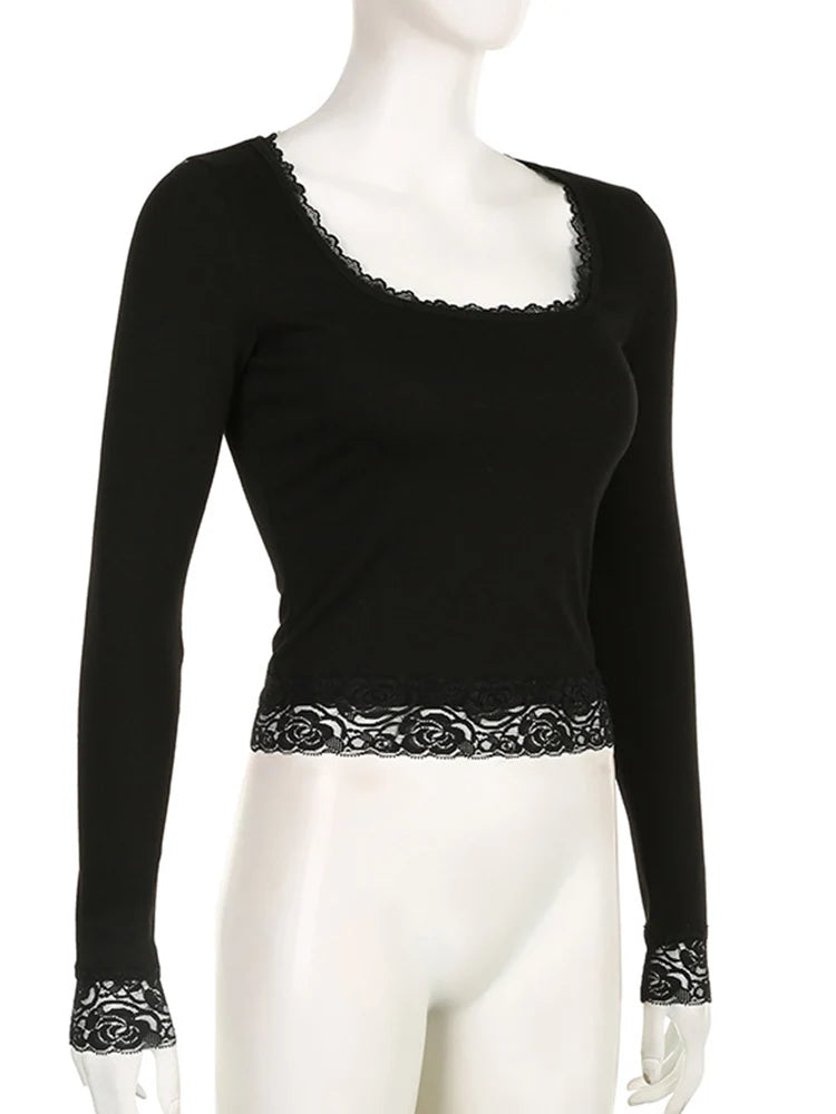Fitted Long-Sleeve Crewneck Tee with Lace Detail