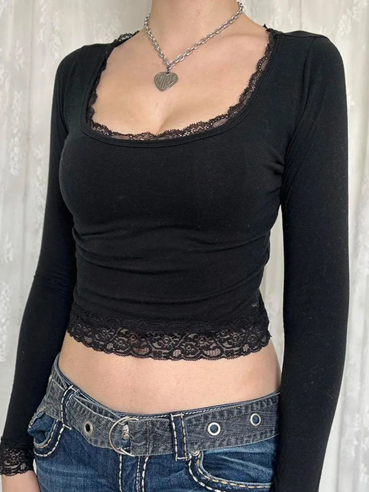 Fitted Long-Sleeve Crewneck Tee with Lace Detail