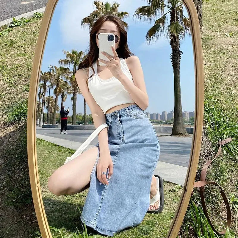 Denim Midi Skirt with Side Split Detail