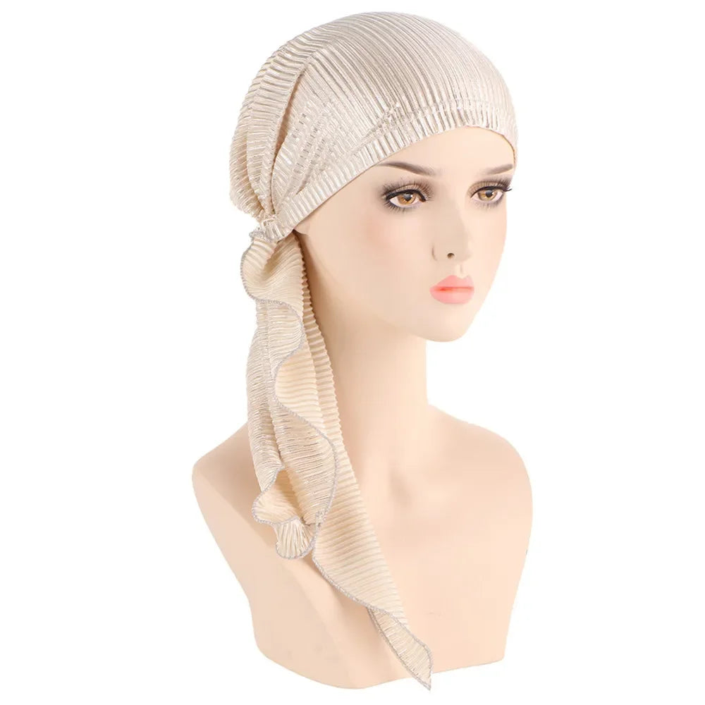 Shiny Glitter Elastic Solid Color Pre-Tied Hijabs Wrap Head Scarf Muslim Turban Bonnet for Women Inner Hat Turbantes Caps Mujer
