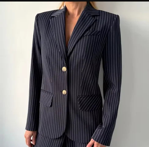 Backless Tie Waist Pinstripe Blazer Set