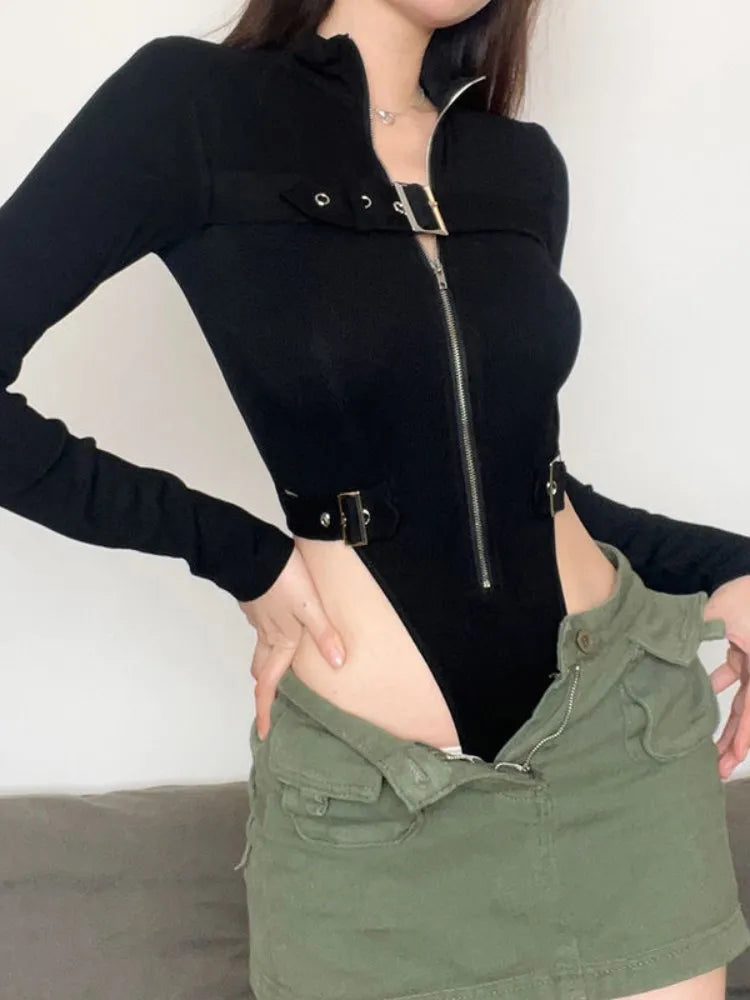 Metal Button Zipper Bodysuit
