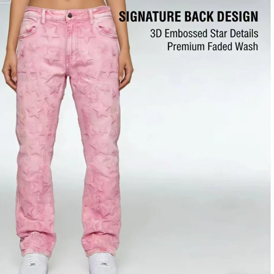 Pink Star Embroidery Spliced Denim Jeans