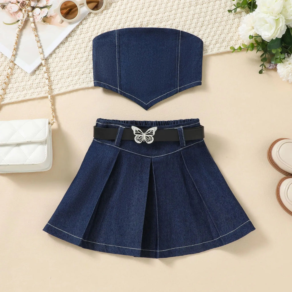 Denim Tops + Pleated Skirt + Bow Belt 3 Pcs Set