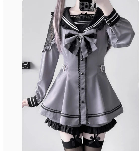 Sweet Short Sleeve Sailor Collar Lace Dress and Shorts Set