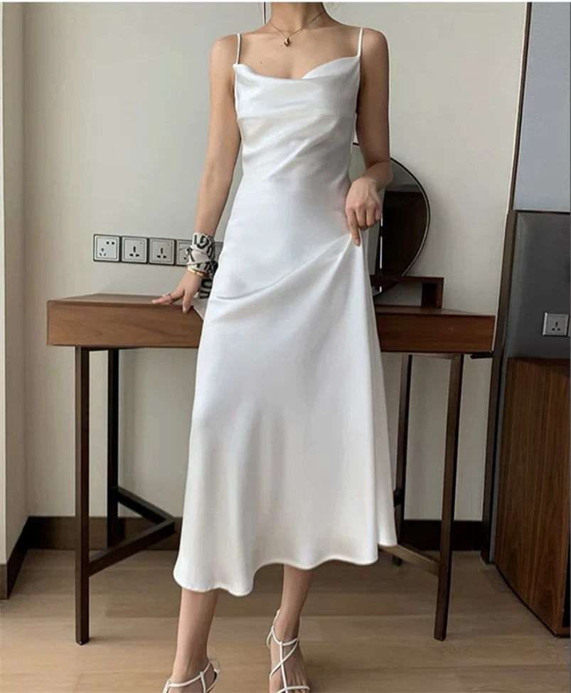Solid Ice Silk Spaghetti Strap Dress
