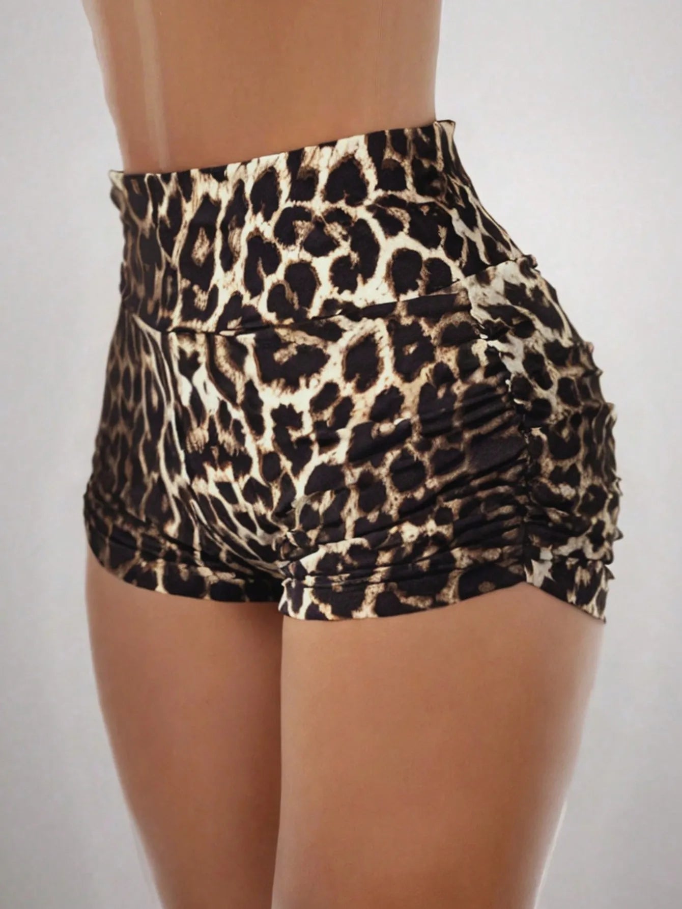 Leopard Print High Waist Ruched Shorts