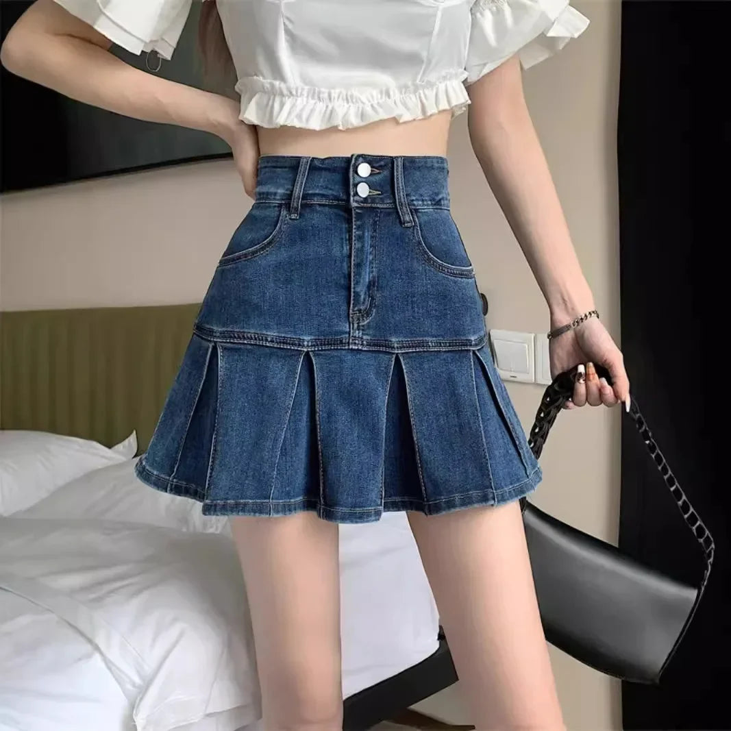 High Waist Denim Pleated A-Line Mini Skirt