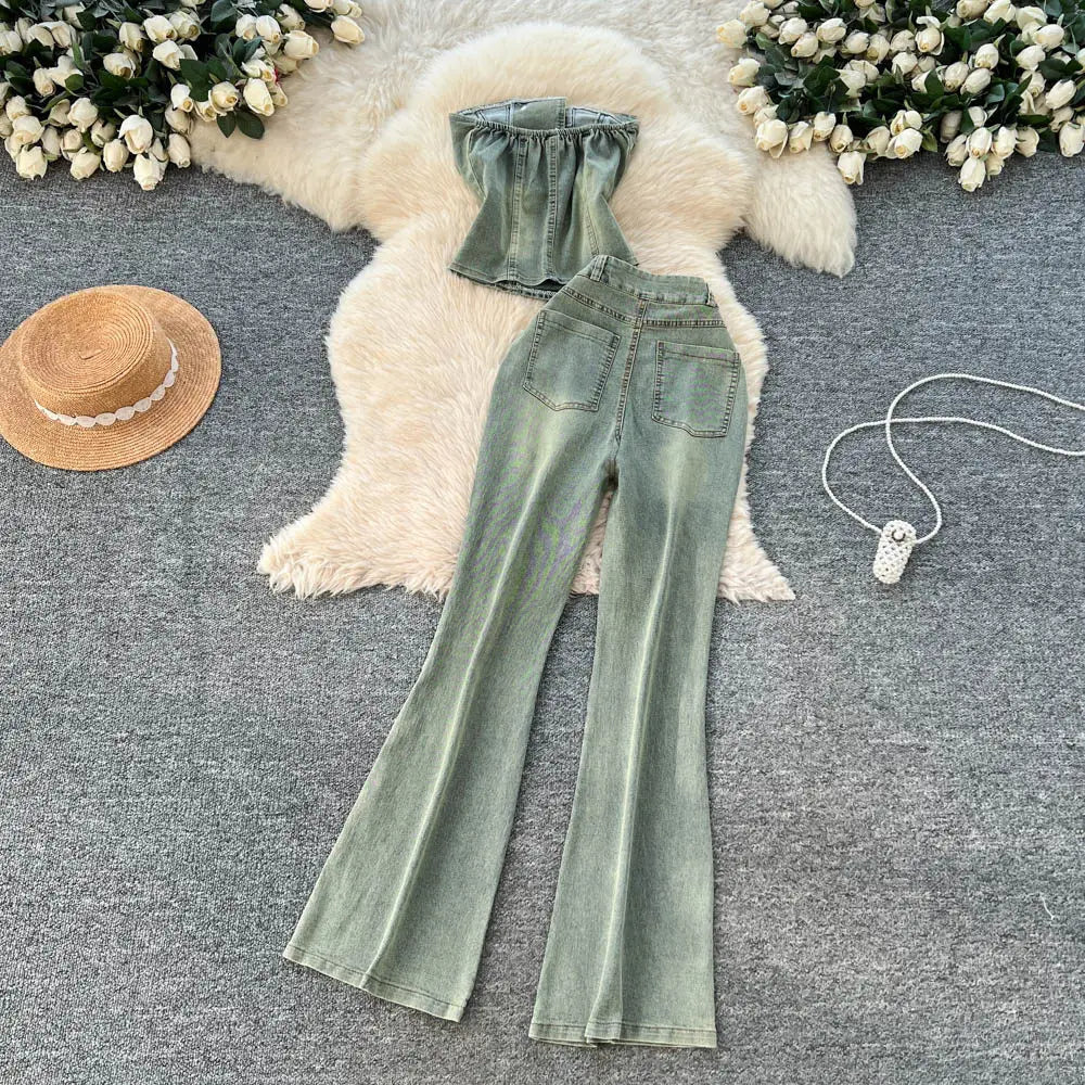 Denim Button Pocket Strapless Top Zipper Empire Waist Full Length Flare Pants Set
