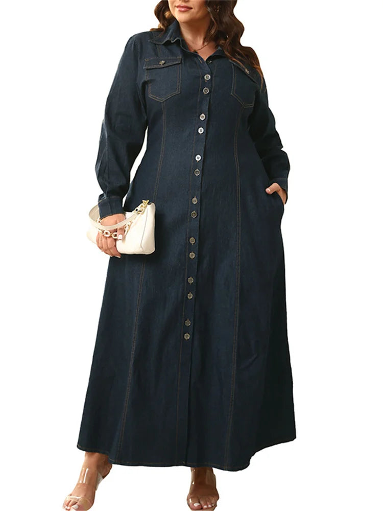 Denim Button Solid Maxi Dress
