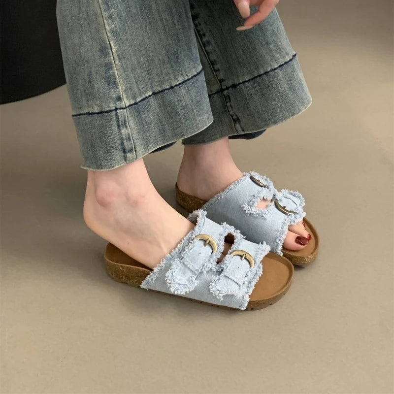 Distressed Denim Double Strap Slide Sandals