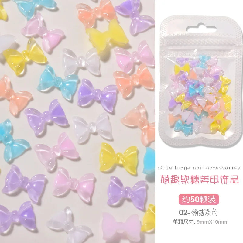50PCS Aurora Acrylic 3D Nail Art Bow Charm For Nails Decoration Design Kawaii Manicure Accessories Bow-knot DIY Craft Supplies
