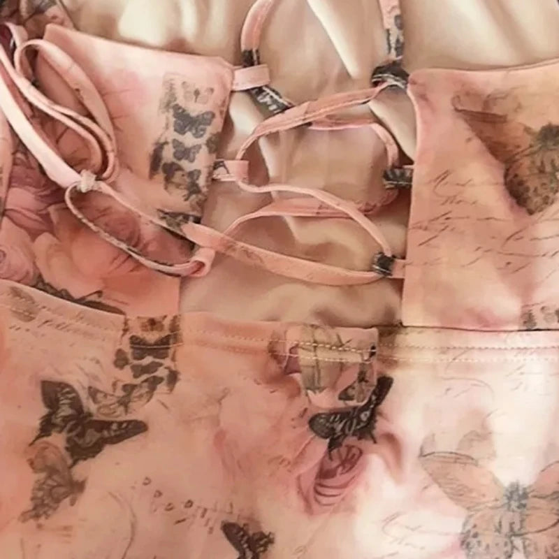 Mesh Camisole Butterfly Printed Lace-up Irregular Top