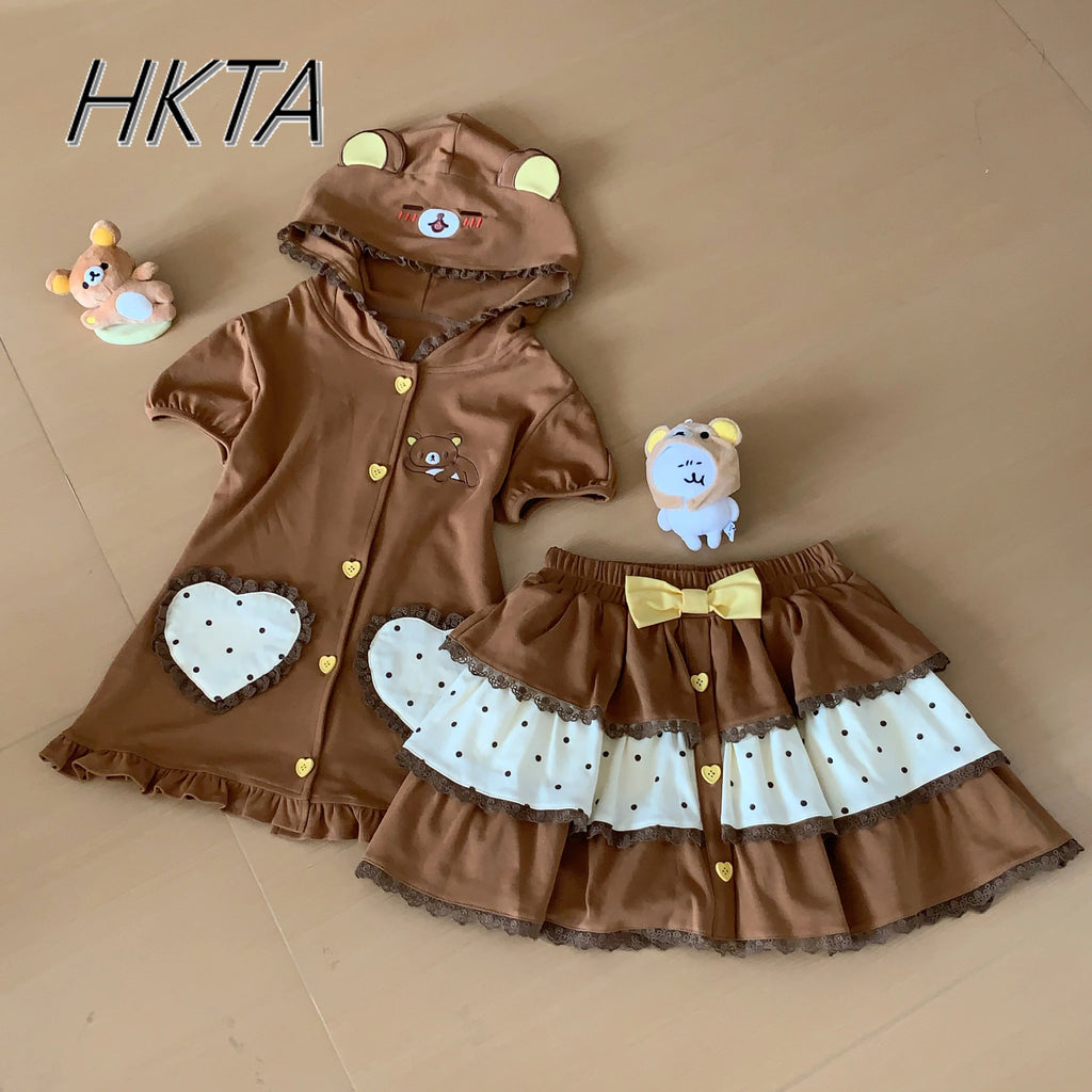 Embroidered Polka Dot Lace Hooded Bubble Short Sleeve Slim Brown Coat Cake Mini Skirts Set