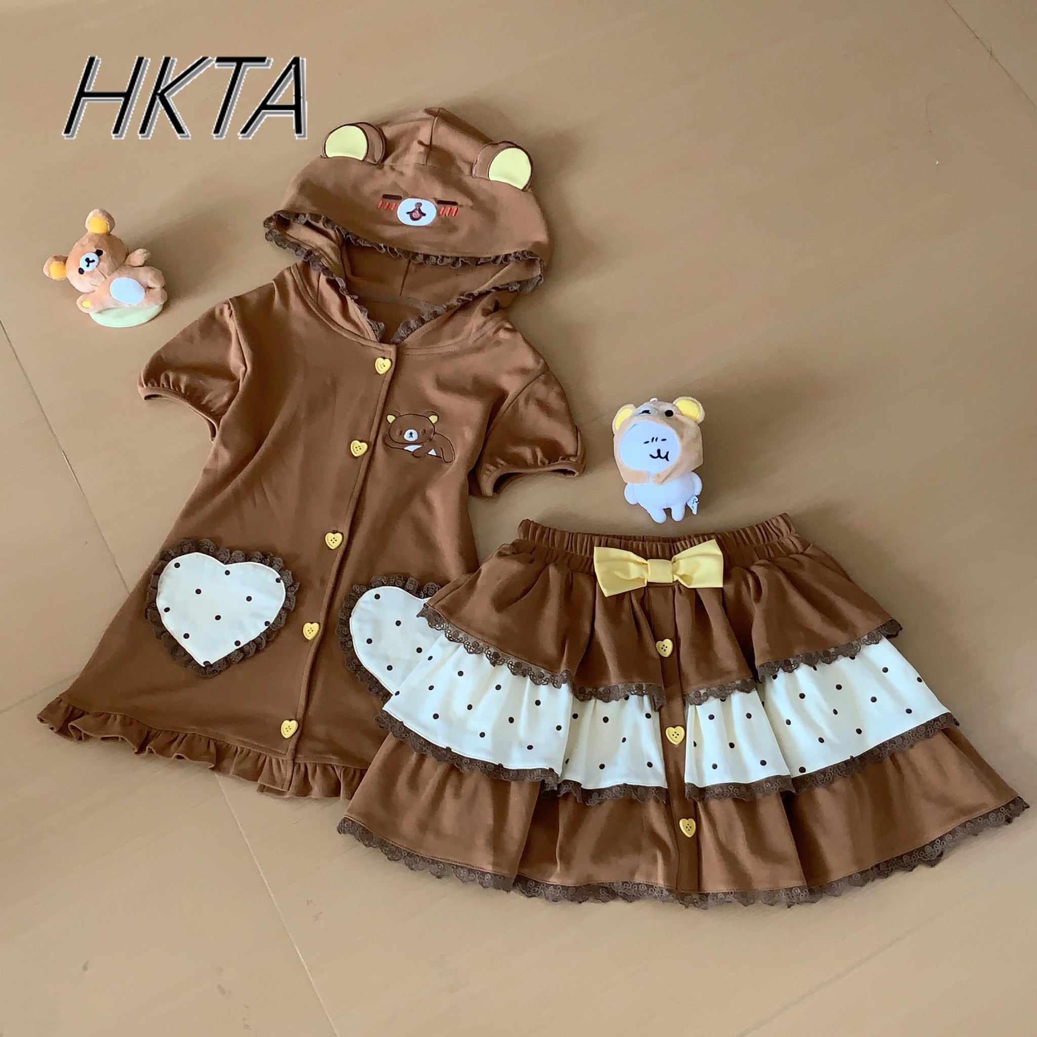 Embroidered Polka Dot Lace Hooded Bubble Short Sleeve Slim Brown Coat Cake Mini Skirts Set