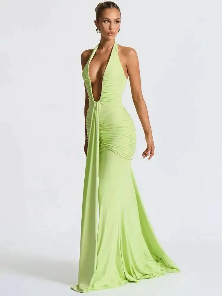 Deep V Neck Backless Ruched Maxi Dress