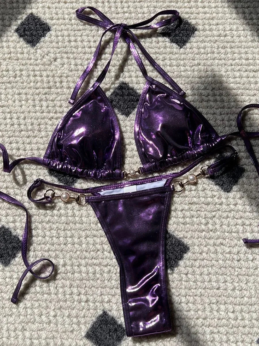 PU Leather Pearls Bikini