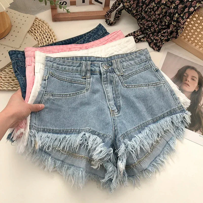 High Waisted Fringed Denim Shorts