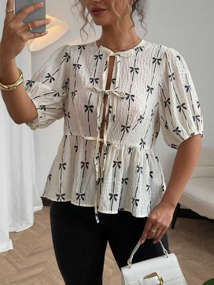 Butterfly Knot Pattern Bubble Sleeve Tie Shirt