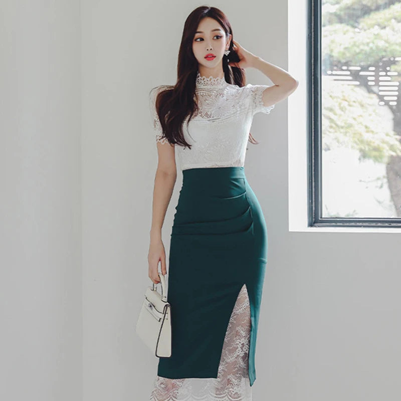 High-Neck Lace Short Sleeve Top and Emerald High-Waist Ruched Side-Slit Pencil Skirt with Floral Lace Panel Detail