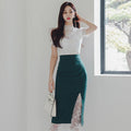 High-Neck Lace Short Sleeve Top and Emerald High-Waist Ruched Side-Slit Pencil Skirt with Floral Lace Panel Detail
