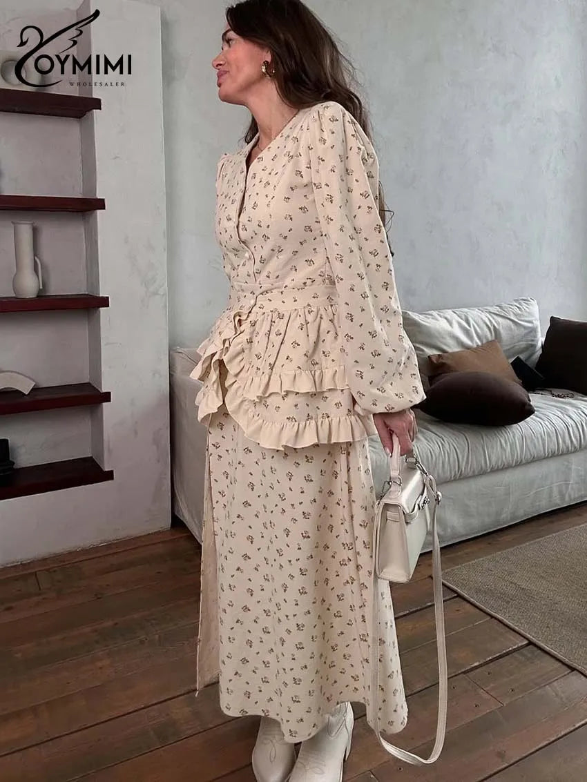 Oymimi Casual Apricot Print 2 Pieces Set