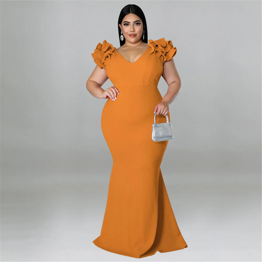 Wmstar Plus Slip Hem Ruffle Sleeve Maxi Dress