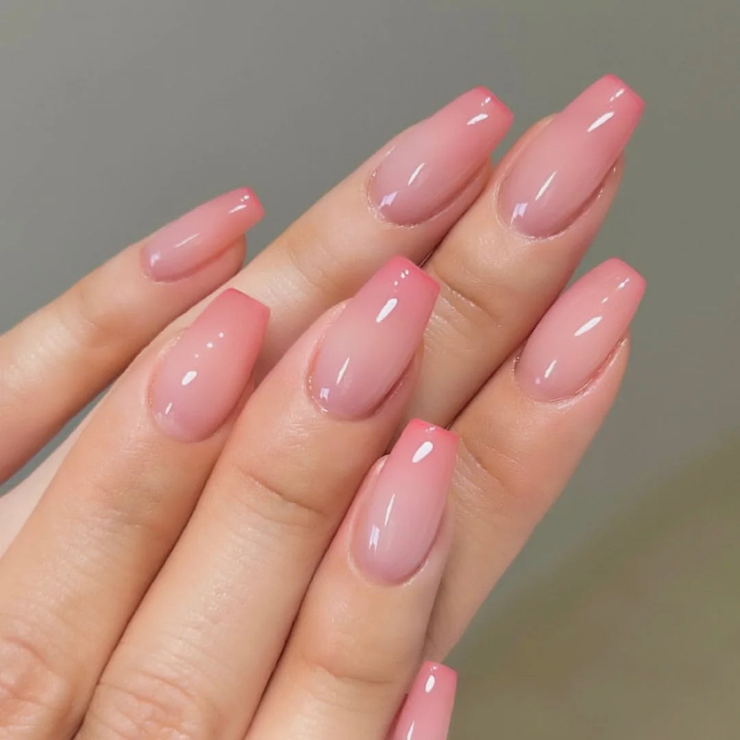 24Pcs French Fake Nails with Jelly Glue Mid-length Gradient White False Nail Wearable Square Head Press on Nails Full Nail Tips