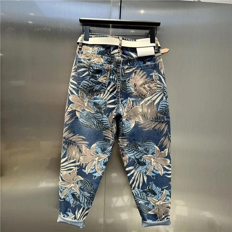 Leaf Printing Cropped Jeans