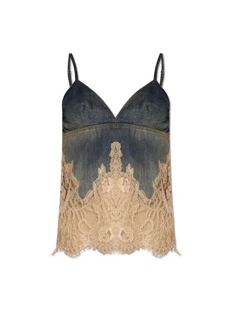 DEAT 2 Pcs Set Denim Lace Backless Tank Tops High Waist Lace-up Pockets Knee Length Shorts